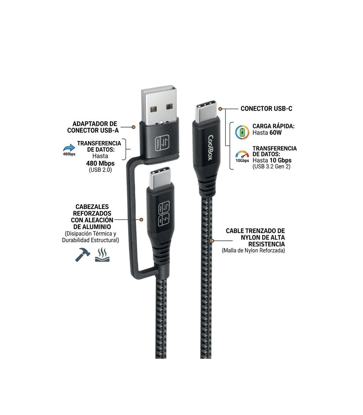 Cable coolbox carga mas datos micro usb - c 60w 1.2m adaptador usb - a