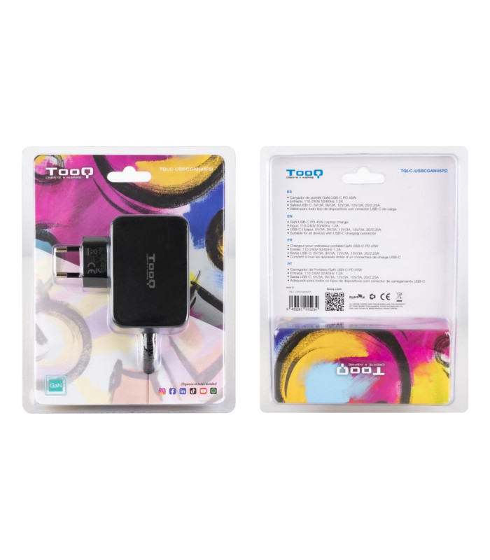 Cargador de pared tooq tqlc - usbcgan45pd 45w gan usb tipo c negro