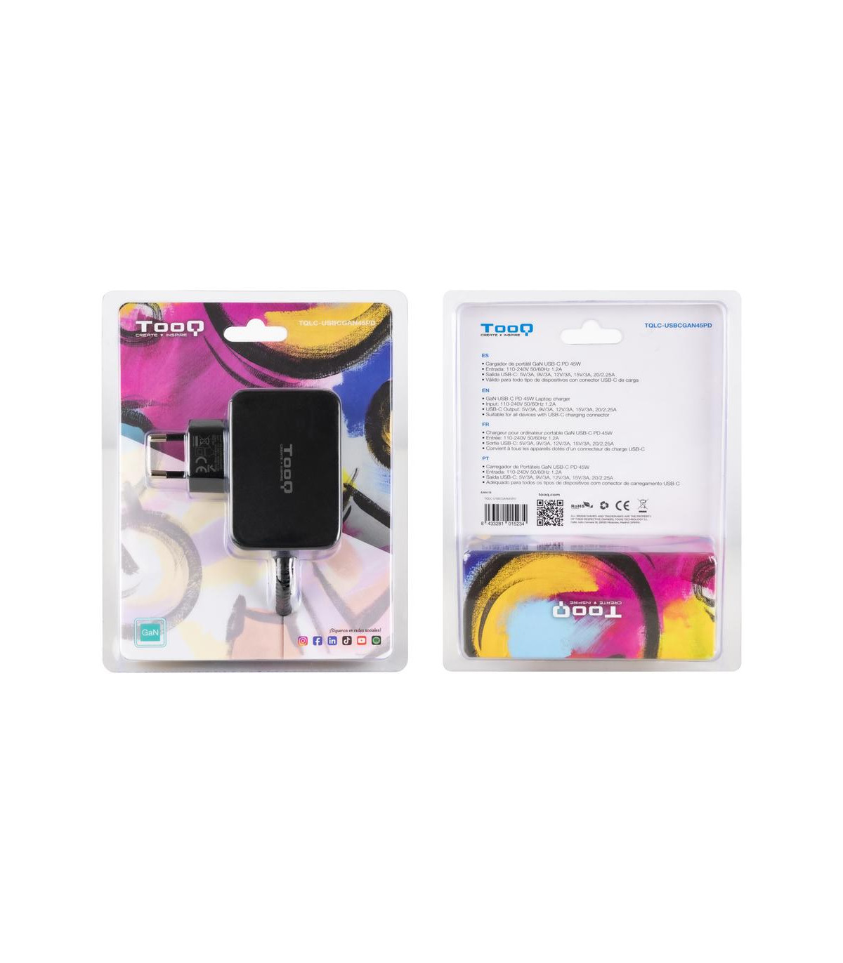 Cargador de pared tooq tqlc - usbcgan45pd 45w gan usb tipo c negro