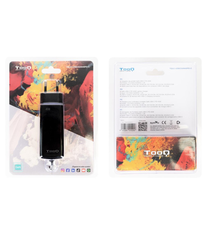 Cargador de pared tooq tqlc - usbcgan45pd - c 45w gan usb tipo c negro