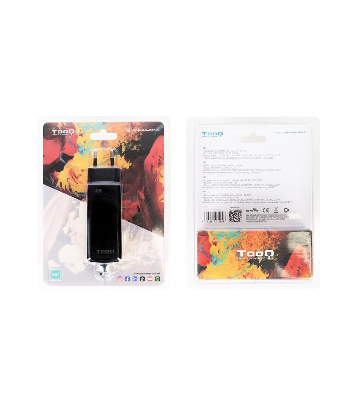Cargador de pared tooq tqlc - usbcgan45pd - c 45w gan usb tipo c negro