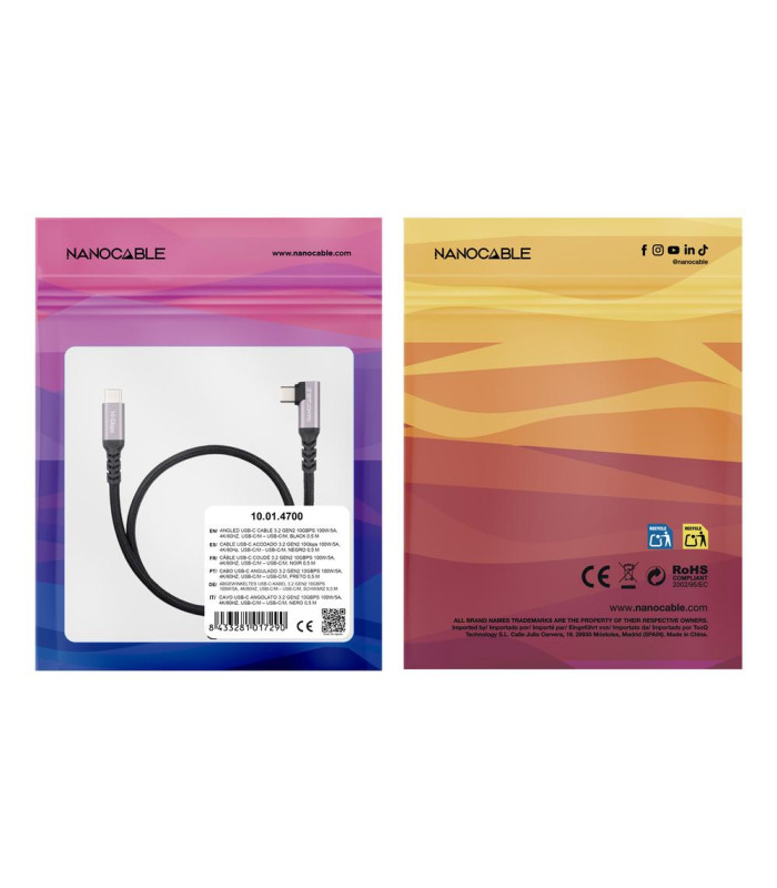Cable nanocable usb - c 3.2 gen2 acodado 100w 1m
