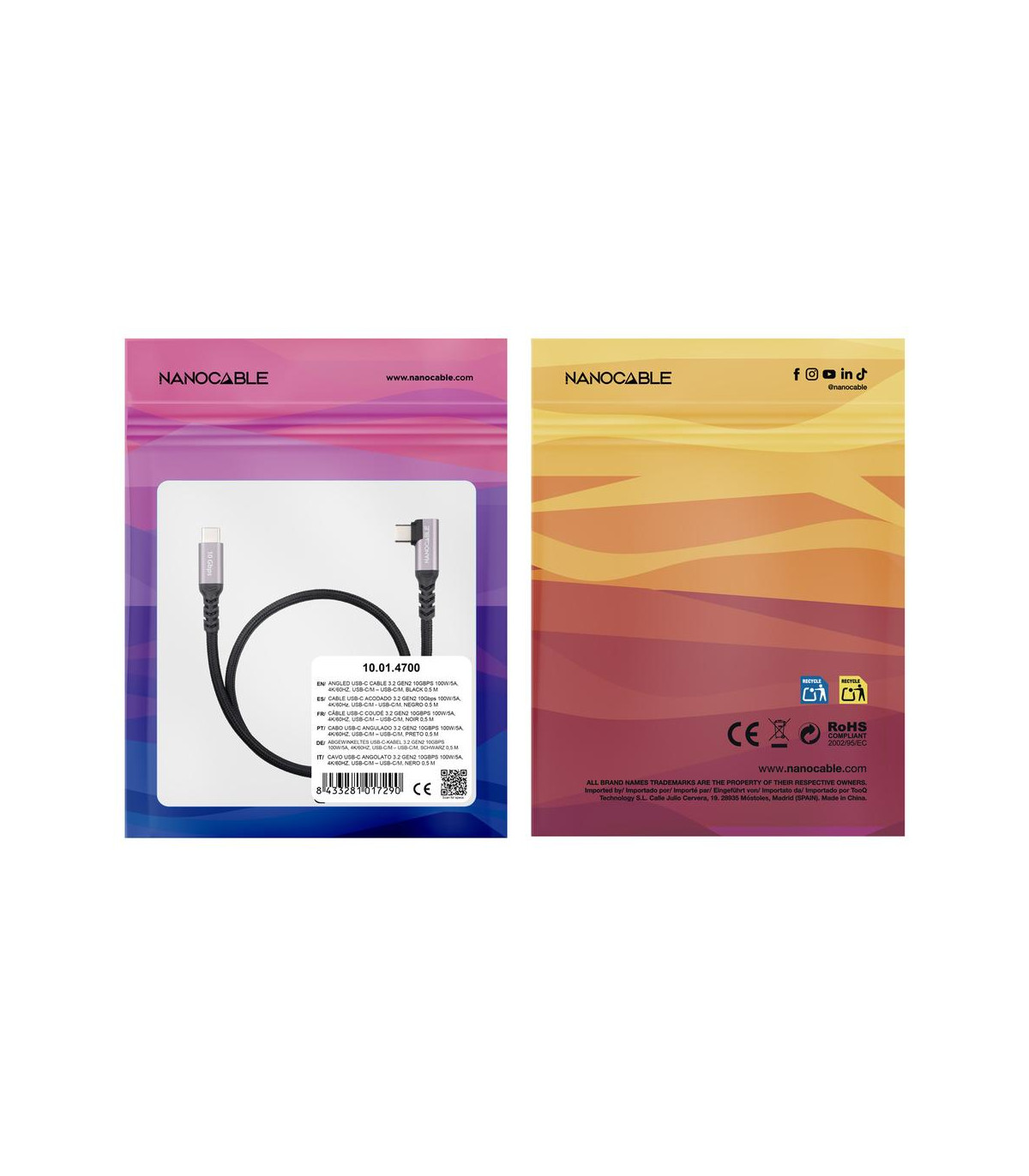 Cable nanocable usb - c 3.2 gen2 acodado 100w 1m