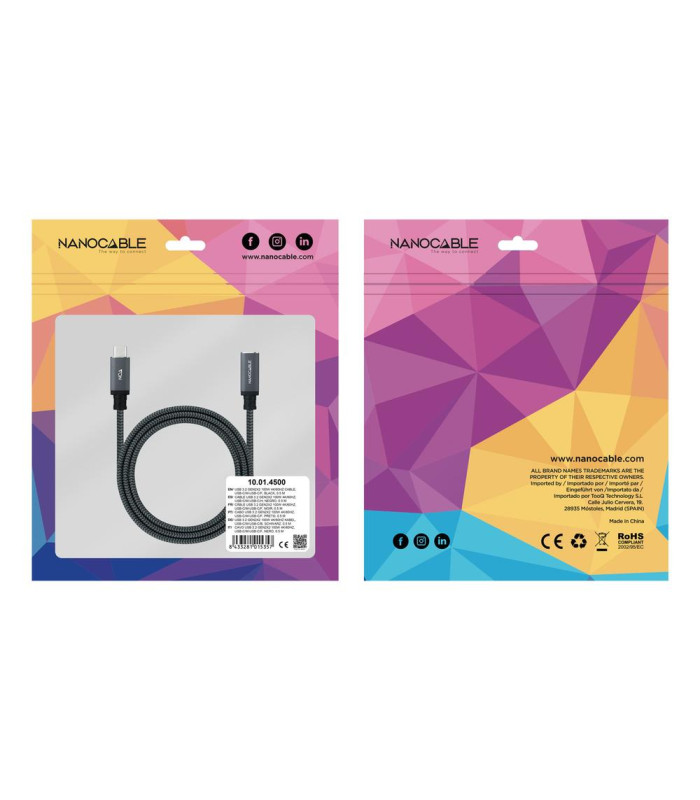 Cable nanocable usb 3.2 gen2x2 20gb 100w c - m - h 1.5m alargador usb - c algodon