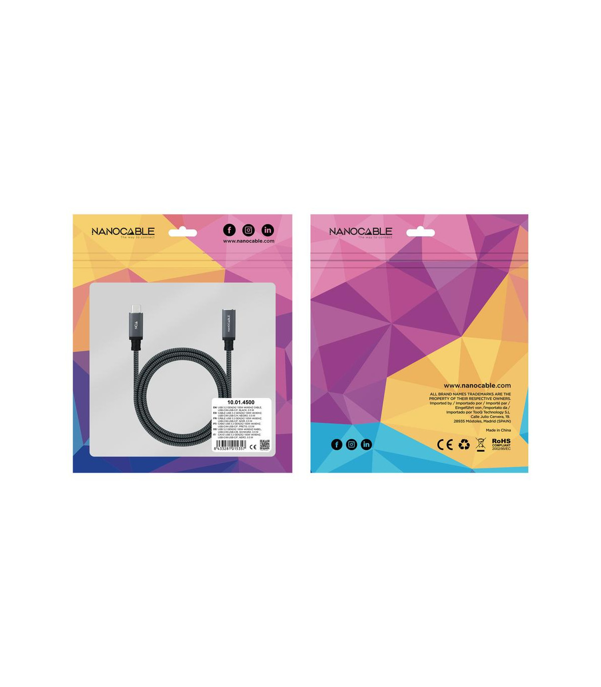 Cable nanocable usb 3.2 gen2x2 20gb 100w c - m - h 1.5m alargador usb - c algodon