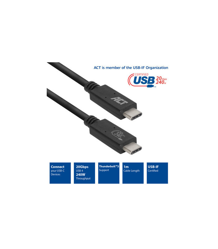 Cable usb - c act connectivity carga 240w  mas datos 20 gbps 1.m certificado usb - if