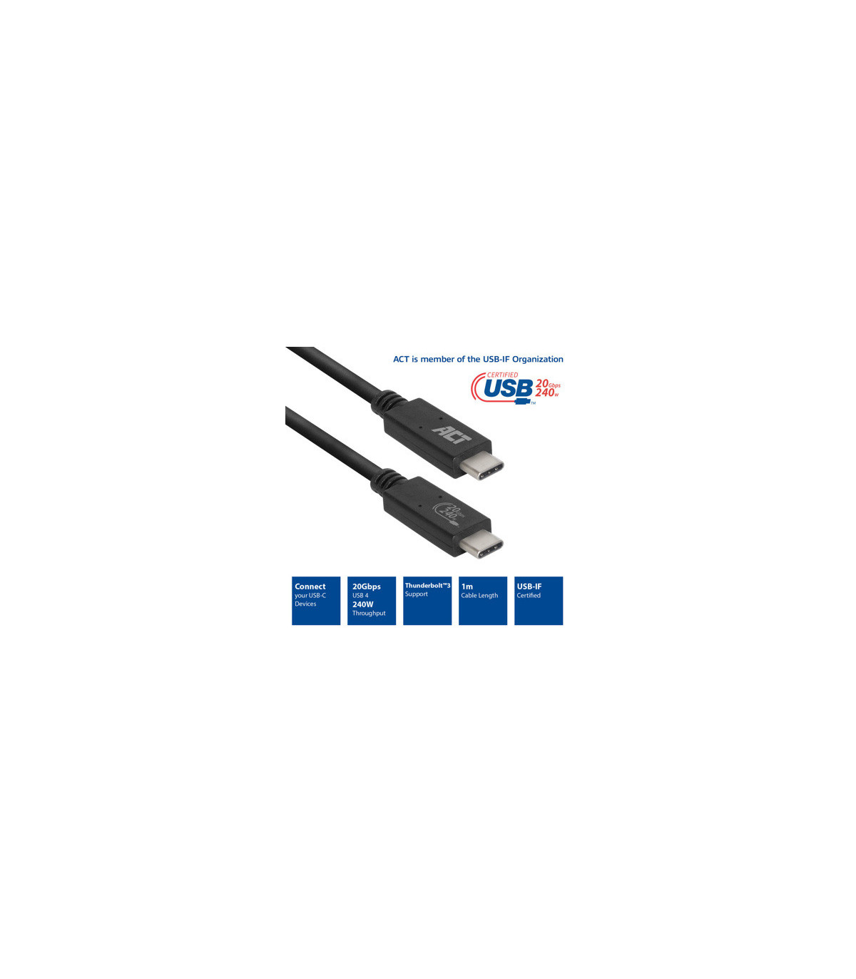 Cable usb - c act connectivity carga 240w  mas datos 20 gbps 1.m certificado usb - if