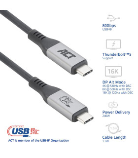 Cable usb4 act connectivity 80 gbps thunderbolt 5 - 240 w - usb type - c - certificado por usb - if - 1 -5 m.