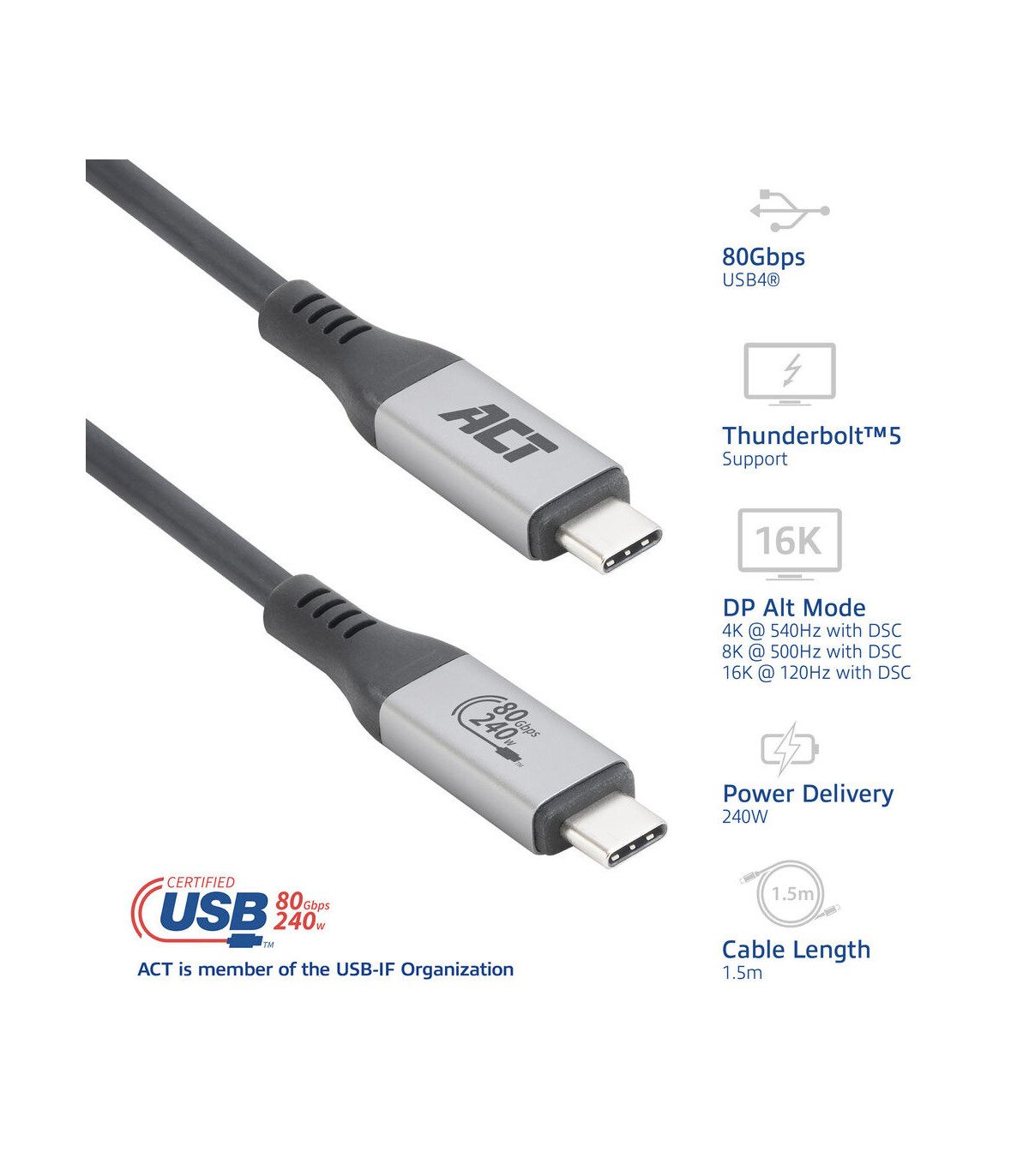 Cable usb4 act connectivity 80 gbps thunderbolt 5 - 240 w - usb type - c - certificado por usb - if - 1 -5 m.