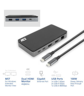Docking station act connectivity usb - c 4k mst 2 monitores hdmi - ethernet - usb - c - 3x usb - a - pd pass - through cable 1m