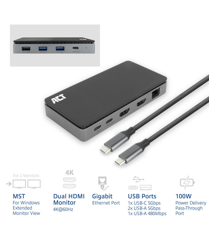 Docking station act connectivity usb - c 4k mst 2 monitores hdmi - ethernet - usb - c - 3x usb - a - pd pass - through cable 1m