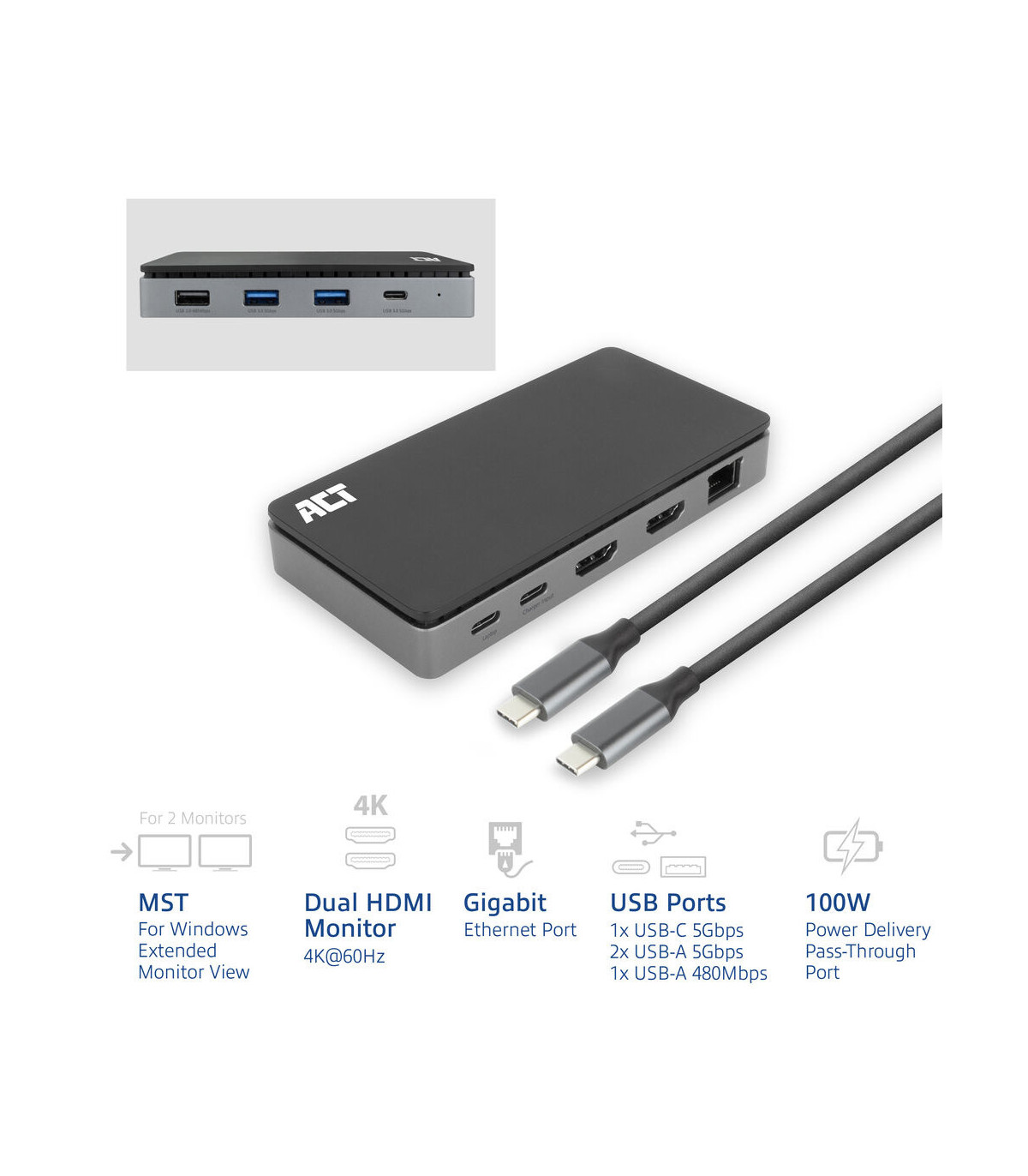 Docking station act connectivity usb - c 4k mst 2 monitores hdmi - ethernet - usb - c - 3x usb - a - pd pass - through cable 1m