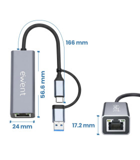 Adaptador de red usb tipo c - usb 3.2 a rj45 ewent 15cm - macho - hembra - gris