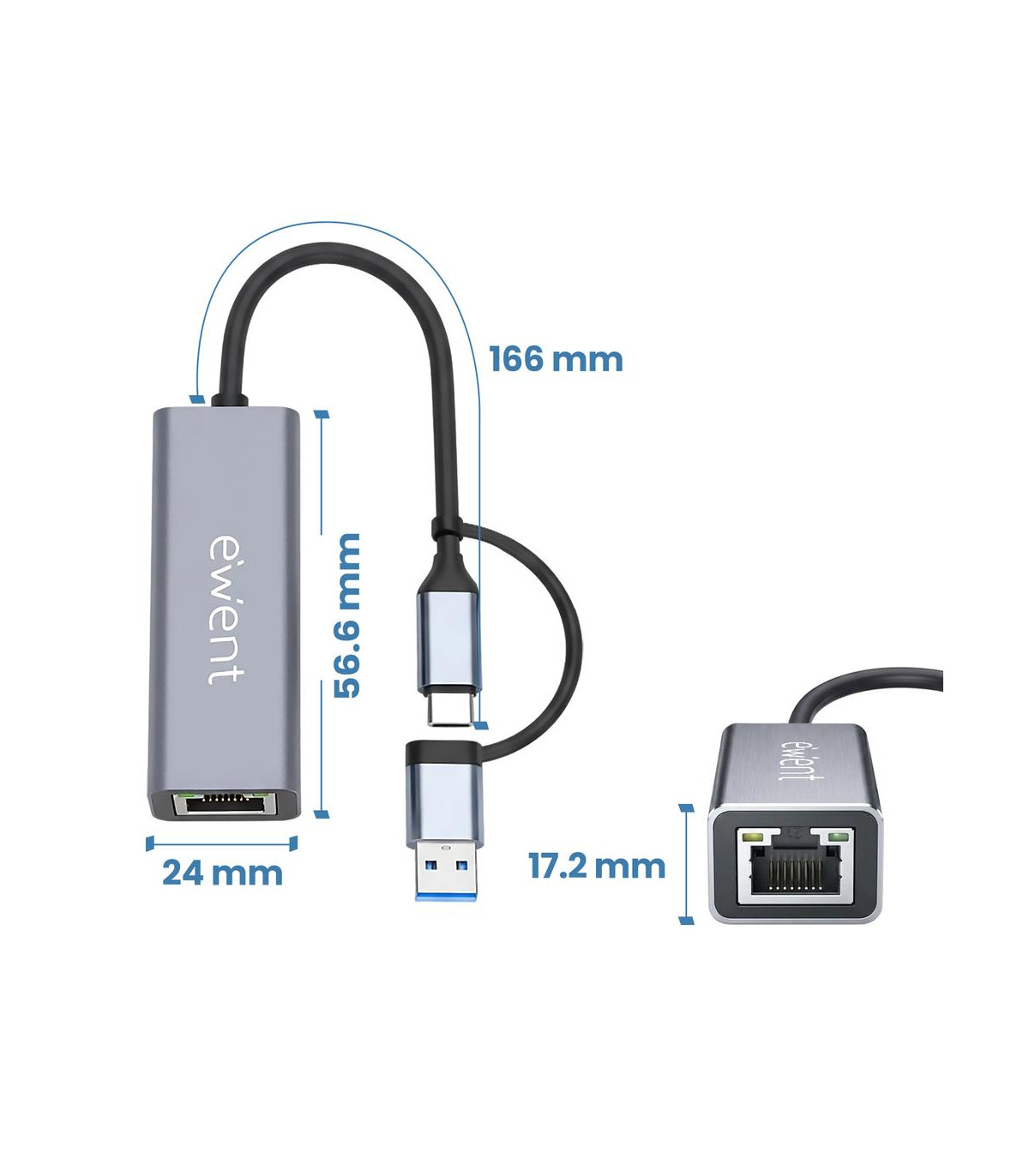 Adaptador de red usb tipo c - usb 3.2 a rj45 ewent 15cm -  macho - hembra -  gris