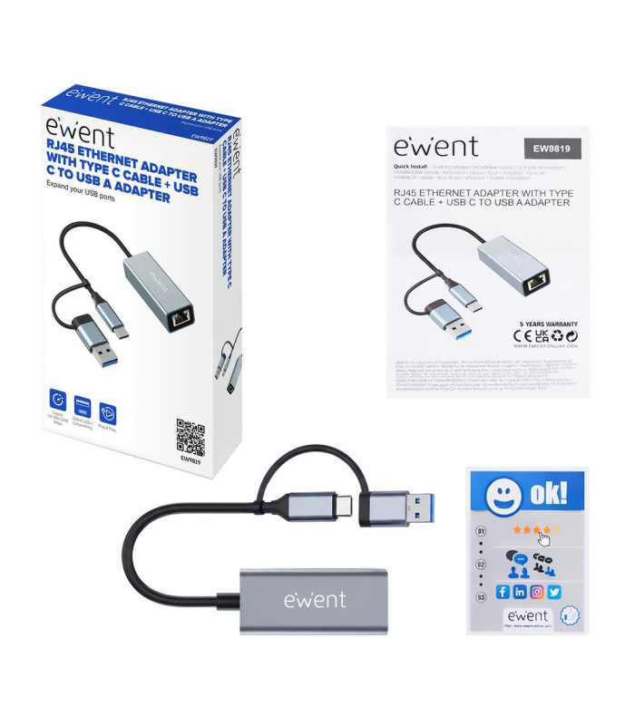 Adaptador de red usb tipo c - usb 3.2 a rj45 ewent 15cm -  macho - hembra -  gris