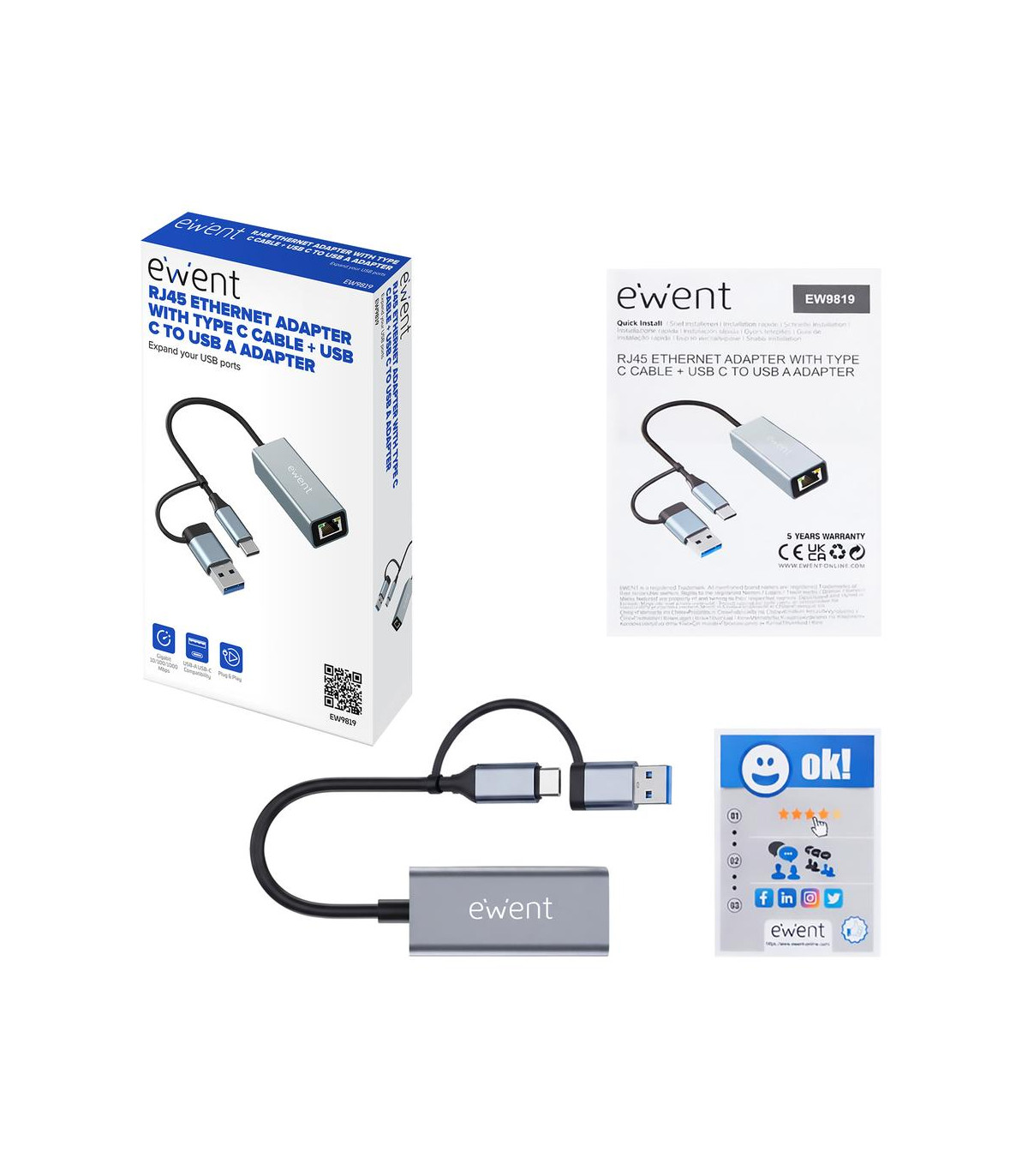 Adaptador de red usb tipo c - usb 3.2 a rj45 ewent 15cm -  macho - hembra -  gris